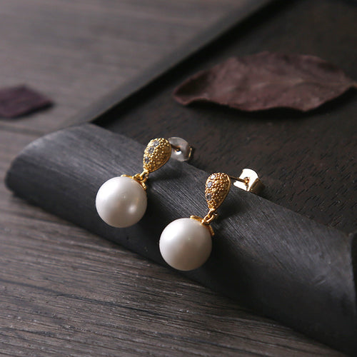 Elegant Pearl Drop Gold Earrings in 14K Yellow Gold Vintage Style Jewelry For Wedding