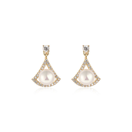 Triangle Pearl Drop Earrings | Gold Pearl and Diamond Earrings with Sterling Silver Pins