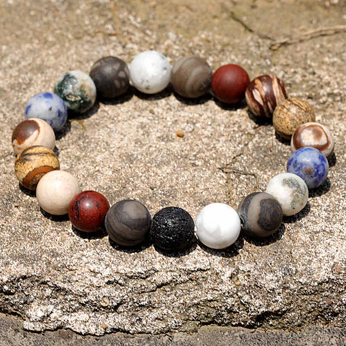 Elastic Planet Bracelet | Natural Stone And Wood Bead Bracelet | 10mm Bead Bracelets for Men and Women