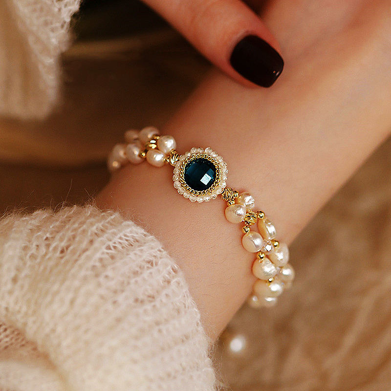 6mm Freshwater Cultured Pearl Bracelet | Real Pearl Bracelet in 14K Gold |  Multi Strand Pearl Bracelets Blue Crystal Bracelet – Huge Tomato