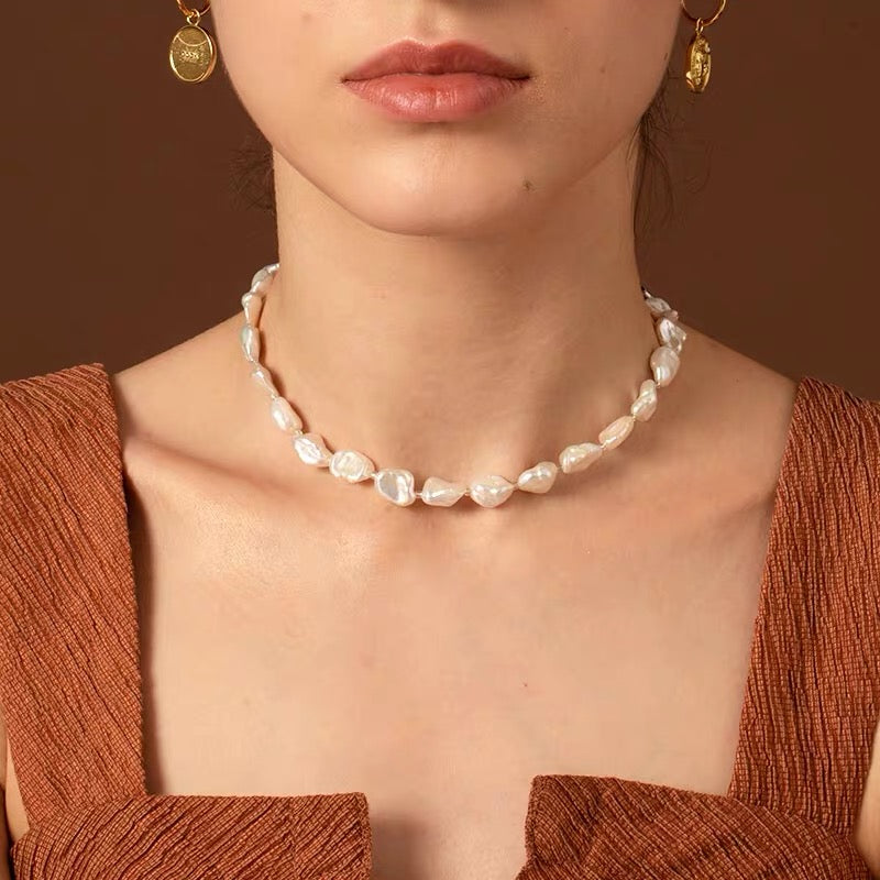 8-9mm Cultured Baroque Pearl Choker Necklace in 14k Gold Over