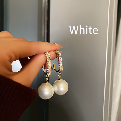 15mm Big Pearl Earrings Round Pearl and Diamond Drop Earrings in 14K Gold Over Sterling Silver