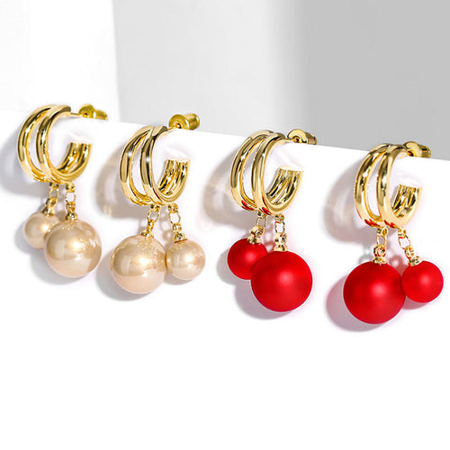 Fashion Red Pearl Dangle Drop Earrings for Women in 14K Gold Over Sterling Silver