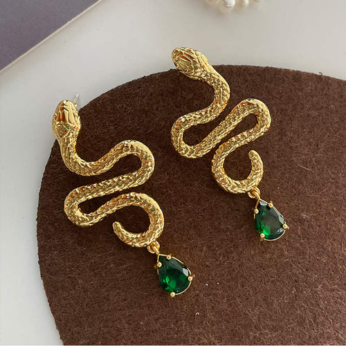 Snake Earrings | Gold Snake Earrings with Emerald Crystal | 14K Gold Plated Earrings